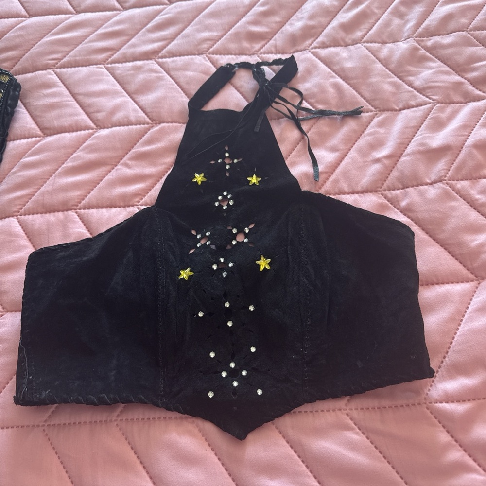Elegant Black Crop Top with Star Embellishments